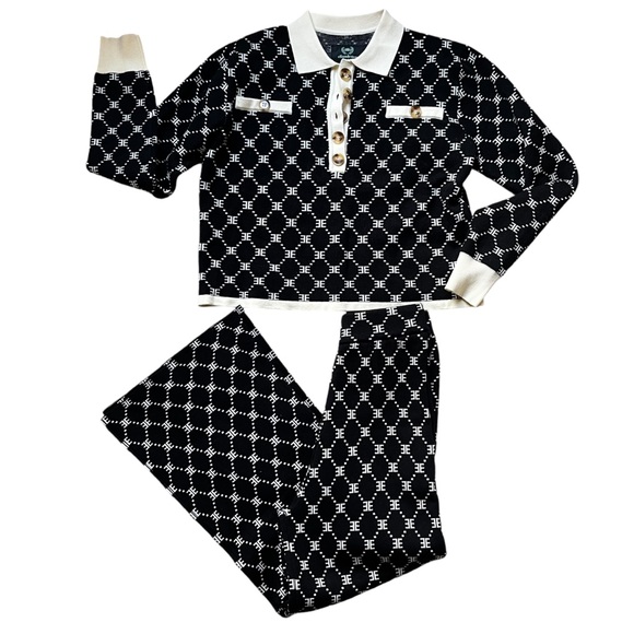 Ellandemm monogram collared wide leg knit set Small EUC black and white EE print - Picture 8 of 15